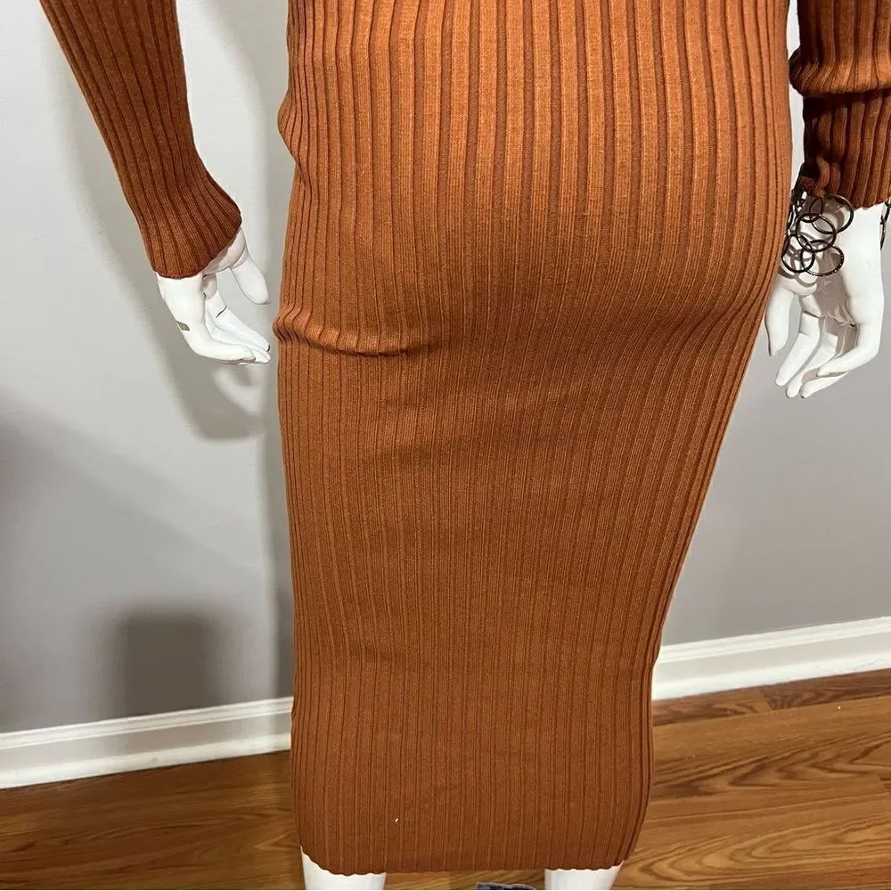 Hera Collection Off The Shoulder Ribbed Rust Midi Bodycon Dress - M - Picture 10 of 12